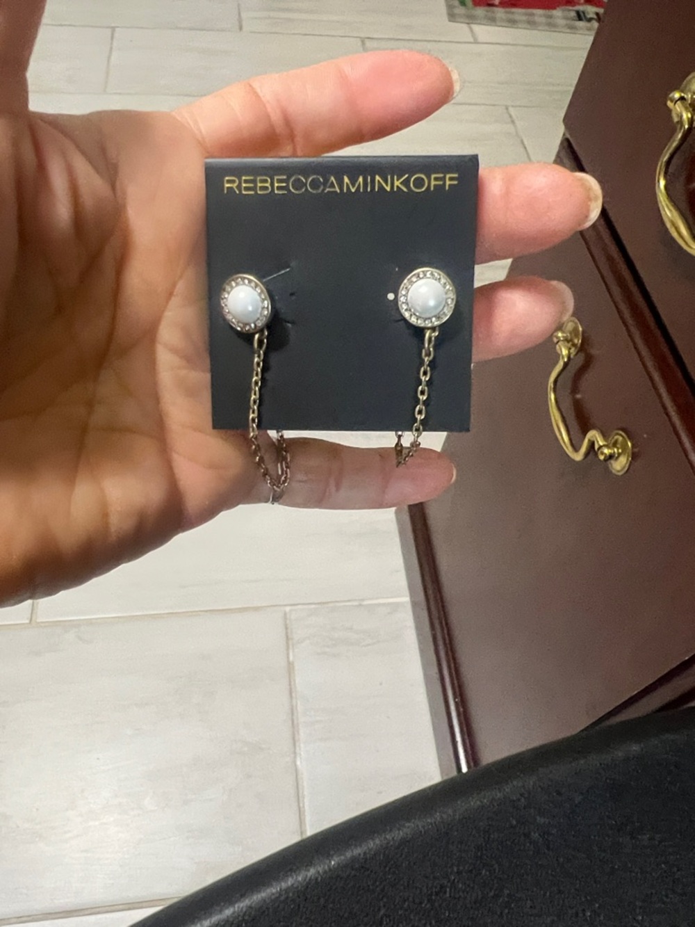Rebecca Minkoff Pearl Center Gold Chain Drop Earrings